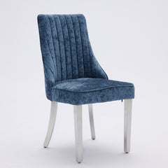 Rayon Cloth Flocking Chenille Dining Chairs Channel Kitchen Dinner Chair Comfy Fabric Upholstered Accent Chair for Dining Room with Silver Brushed Stainless Steel Legs,Set of 2 (Blue), SW1747BL