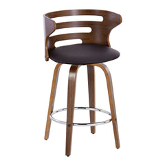 Cosini 26" Mid-Century Modern Fixed-Height Barstool with Swivel in Walnut Wood and Brown Faux Leather with Round Chrome Metal Footrest by LumiSource - Set of 2
