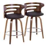 Cosini 26" Mid-Century Modern Fixed-Height Barstool with Swivel in Walnut Wood and Brown Faux Leather with Round Chrome Metal Footrest by LumiSource - Set of 2