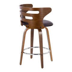 Cosini 26" Mid-Century Modern Fixed-Height Barstool with Swivel in Walnut Wood and Brown Faux Leather with Round Chrome Metal Footrest by LumiSource - Set of 2