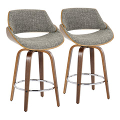 Fabrizzi 26" Mid-Century Modern Fixed-Height Counter Stool with Swivel in Walnut Wood and Noise Grey Fabric with Round Chrome Metal Footrest by LumiSource - Set of 2