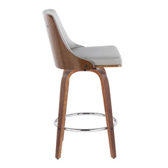 Gianna 26" Mid-Century Modern Fixed-Height Counter Stool with Swivel in Walnut Wood and Light Grey Faux Leather with Round Chrome Metal Footrest by LumiSource - Set of 2