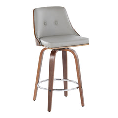 Gianna 26" Mid-Century Modern Fixed-Height Counter Stool with Swivel in Walnut Wood and Light Grey Faux Leather with Round Chrome Metal Footrest by LumiSource - Set of 2