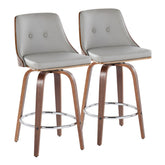 Gianna 26" Mid-Century Modern Fixed-Height Counter Stool with Swivel in Walnut Wood and Light Grey Faux Leather with Round Chrome Metal Footrest by LumiSource - Set of 2