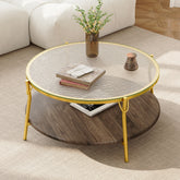 Modern Round Walnut 2-Tiered Coffee Table with Glass Top and Gold Base for Living Room, 29.9"
