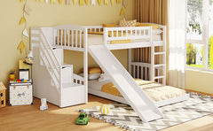 Stairway Twin over Twin Bunk Bed with Two Drawers and Slide, White