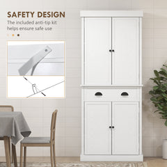 HOMCOM 72.5" Kitchen Pantry Cabinet, Traditional Freestanding Storage Cabinet with 4 Doors, Drawer and 3 Adjustable Shelves for Dining Room, White Wood Grain