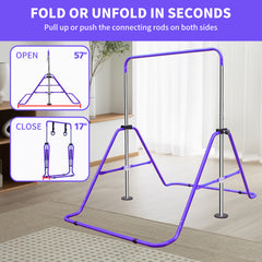Expandable Gymnastics Bar for Kids - Height Adjustable Junior Training Bar for Home, Folding Gymnastic Horizontal Bars Equipment Purple