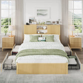 Queen Size Bed Frames with 4 Storage Drawers & 2-Tier Storage Headboards & Built-in USB Ports & Power Outlets, Metal Bed Frames Nox Box Spring Needed, Oak