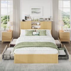 Queen Size Bed Frames with 4 Storage Drawers & 2-Tier Storage Headboards & Built-in USB Ports & Power Outlets, Metal Bed Frames Nox Box Spring Needed, Oak