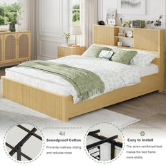 Queen Size Bed Frames with 4 Storage Drawers & 2-Tier Storage Headboards & Built-in USB Ports & Power Outlets, Metal Bed Frames Nox Box Spring Needed, Oak