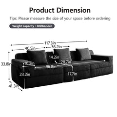 Modular 3 Seat Boneless Sofa, Cloud Sectional Couch with Deep Seat, Modern Modular 3-Seat Sofa Couch with Throw Pillows Corduroy Fabric Black