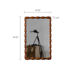 36.02" Mid-Century Modern Swirl Wood Frame Mirror - Solid Wood & MDF Wall-Mounted Full-Length Mirror, Brown Decorative Mirror for Bedroom/Living Room