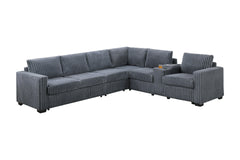 Modern Style L-Shape 4pc Sectional Set Dark Gray Finish Reversible Loveseat USB Ports Cup Holder Armless Chair Plastic Legs Corduroy Upholstered Primary Living Room