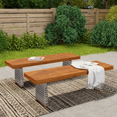 Outdoor Acacia Wood Bench(Set of 2),Teak Finish+ Grey Wicker
