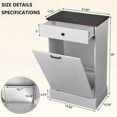 Tilt Out Trash Can Cabinet, Hidden Wooden Trash Can Cabinet with Drawer, Free Standing Garbage Cabinet for Kitchen, 10 Gallon Farmhouse Laundry Hamper Cabinet for Kitchen, Living Room (White)