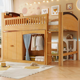 Twin Size Loft Bed with Storage Cabinet, Wardrobe and LED, Wood Color and Espresso