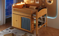 Twin Size Loft Bed with Storage Cabinet, Wardrobe and LED, Wood Color and Espresso