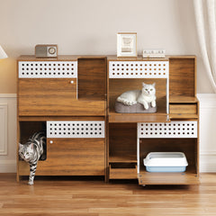 2-Piece of Modern 2 IN 1 Cat Furniture Set, Cat Litter Box Enclosure Side Table, Cat House with Storage, for 2 Small-Medium Sized Cats - BROWN
