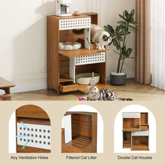 2-Piece of Modern 2 IN 1 Cat Furniture Set, Cat Litter Box Enclosure Side Table, Cat House with Storage, for 2 Small-Medium Sized Cats - BROWN