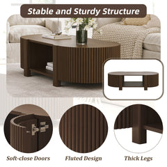 Oval Fluted Coffee Table with Storage for Living Room, Rubber Solid Wood, 1 shelf & 2 Open Storage Doors, Walnut, 47"