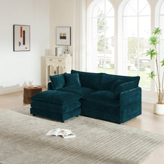 Chenille Two-Seater Sofa with 1 Footrest, 2 Seater L-Shaped Sectional with Ottoman,Loveseat with Ottoman for Small Living Space,Blue Chenille