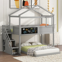 Twin over Full House Bunk Bed with Storage Staircase and Blackboard,Gray