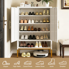 40'' Tall 2-Doors Shoes Cabinet, Metal 7-Tier Hidden Shoe Organizer,Modern Narrow Shoe Storage Cabinet with Adjustable Shelves for Entryway, Hallway, Closet, Bedroom, Living Room,Laundry Room(White)