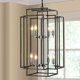 18" Modern 8-Light Black & Chrome Geometric Pendant Chandelier, Industrial Metal Frame, Adjustable Hanging Light for Living Room, Dining Room, Kitchen (No Bulbs)