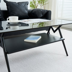 Rectangle Coffee Table with Tempered Glass top and Black MDF Shelf, Modern Table for Living Room, Gray Glass