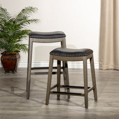 24" Counter Height Saddle Stool, Weathered Gray Finish, Black Leather Seat