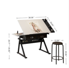 adjustable drawing drafting table desk with 2 drawers for home office and school with stool(white)