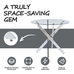 Dining Table with cross metal leg and tempered glass,Modern Space Saving Kitchen Table for Living Room,chrome legs