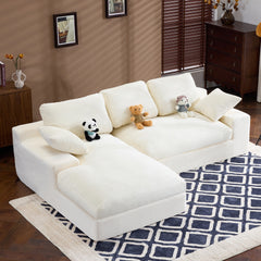 White corduroy compressed sofa. It has a soft and skin-friendly sitting feel, adding a healing atmosphere to the warm living room. It comes with 3 back cushions and 2 throw pillows.