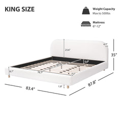 King Size Upholstered Bed With Boucle Fabric,Curved-Shape Design Thick Headboard, Solid Wood Legs,White