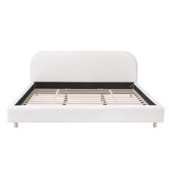 King Size Upholstered Bed With Boucle Fabric,Curved-Shape Design Thick Headboard, Solid Wood Legs,White