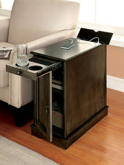 Transitional Side Table Storage Cabinet Pull Out Cup Holder And Built In USB Outlet, Gray