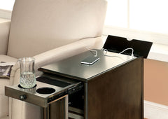 Transitional Side Table Storage Cabinet Pull Out Cup Holder And Built In USB Outlet, Gray