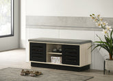 Brio 38.5"W Oak Finish Shoe Cabinet with Sliding Doors, Upholstered Top