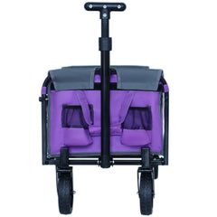 All-in-One Convertible Folding Camping Wagon Cart: Bench Seat, Storage Compartment & Included Dog Tether, Purple/Gray