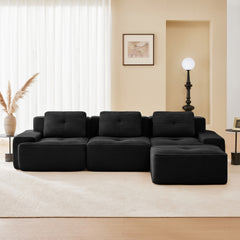 117" Modern L-Shaped Modular Sectional Sofa for Living Room, Corduroy Fabric,3-Seater Couch with Deep Seat and Movable Ottoman,Pearl-like piping, Tufted Design,No Assembly, Anti-slip Design, Black