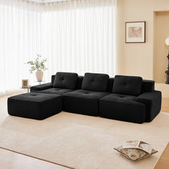 117" Modern L-Shaped Modular Sectional Sofa for Living Room, Corduroy Fabric,3-Seater Couch with Deep Seat and Movable Ottoman,Pearl-like piping, Tufted Design,No Assembly, Anti-slip Design, Black