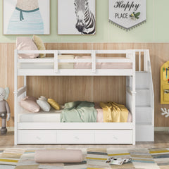 Stairway Full-Over-Full Bunk Bed with Drawer, Storage and Guard Rail for Bedroom, White