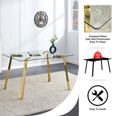 Modern minimalist style rectangular glass dining table with tempered glass tabletop and golden metal legs, suitable for kitchen, dining room, and living room, 51 " * 31.5 " * 29.5 " 1123