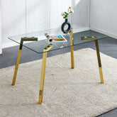 Modern minimalist style rectangular glass dining table with tempered glass tabletop and golden metal legs, suitable for kitchen, dining room, and living room, 51 " * 31.5 " * 29.5 " 1123