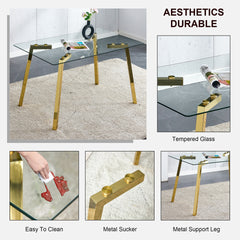 Modern minimalist style rectangular glass dining table with tempered glass tabletop and golden metal legs, suitable for kitchen, dining room, and living room, 51 " * 31.5 " * 29.5 " 1123