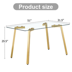 Modern minimalist style rectangular glass dining table with tempered glass tabletop and golden metal legs, suitable for kitchen, dining room, and living room, 51 " * 31.5 " * 29.5 " 1123