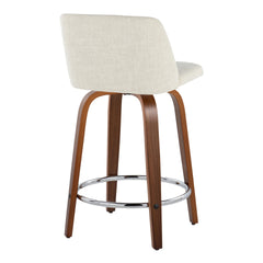 Toriano 24" Mid-Century Modern Fixed-Height Counter Stool with Swivel in Walnut Wood and Cream Fabric with Round Chrome Metal Footrest by LumiSource - Set of 2