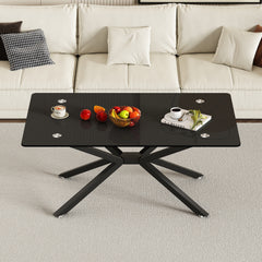 39.37" Rectangle Black Glass Coffee Table,Stylish Design with Black Metal Legs, Coffee Table for Living Room