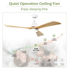 52" Solid Wood Blades Ceiling Fan with Lights Remote Control,Quiet DC Motor 3 Blade Ceiling Fans 6 Speed Levels,Reversible Ceiling Fan, for Patio Living Room, Bedroom, Office,Indoor.(White +Natural)